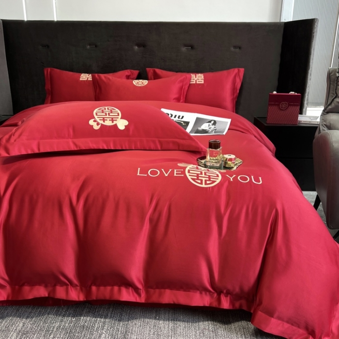 91家纺网 家纺一手货源 找家纺 优悦 2022新款超柔亲肤磨毛刺绣款婚庆四件套 挚爱一生