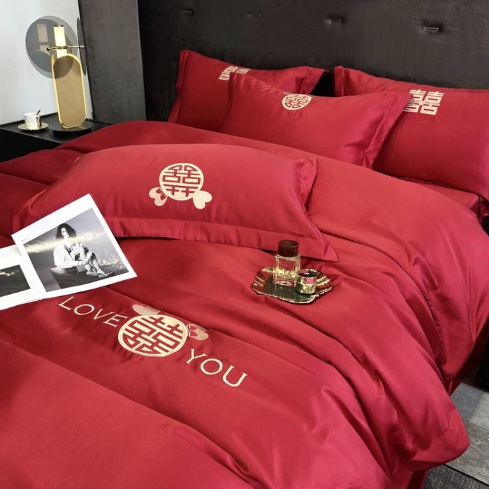 91家纺网 家纺一手货源 找家纺 优悦 2022新款超柔亲肤磨毛刺绣款婚庆四件套 挚爱一生