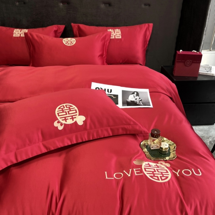 91家纺网 家纺一手货源 找家纺 优悦 2022新款超柔亲肤磨毛刺绣款婚庆四件套 挚爱一生