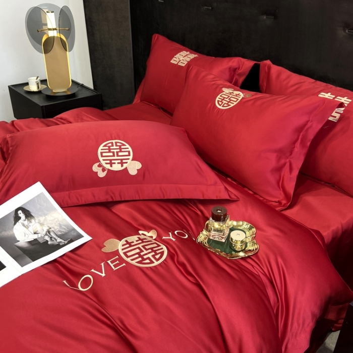 91家纺网 家纺一手货源 找家纺 优悦 2022新款超柔亲肤磨毛刺绣款婚庆四件套 挚爱一生