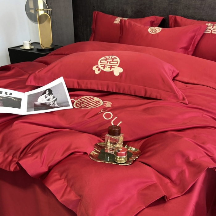 91家纺网 家纺一手货源 找家纺 优悦 2022新款超柔亲肤磨毛刺绣款婚庆四件套 挚爱一生