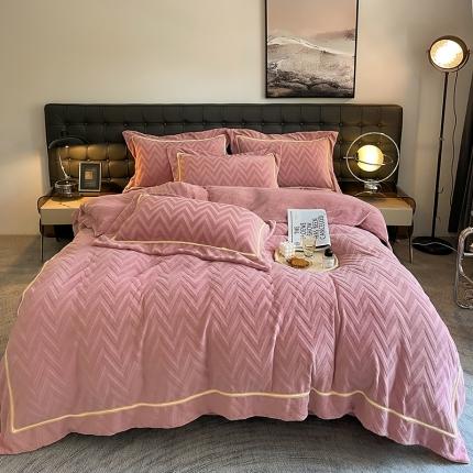 91家纺网 家纺一手货源 找家纺 首尔 2022新款雕花牛奶绒四件套-W W-豆沙