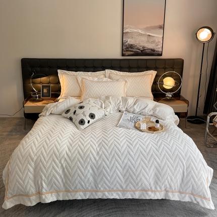 91家纺网 家纺一手货源 找家纺 首尔 2022新款雕花牛奶绒四件套-W W-奶油白