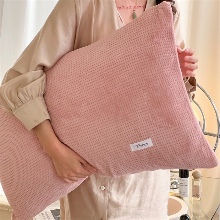 91家纺网 家纺一手货源 找家纺 时光里 2022新款全消光230克华夫格绒牛奶绒四件套 浪漫粉