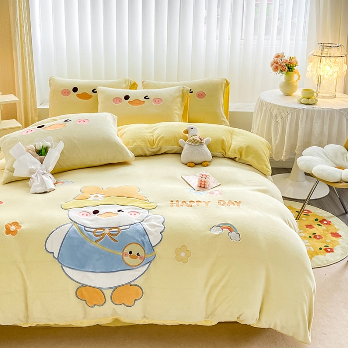 91家纺网 家纺一手货源 找家纺 涵宸2022新款加厚牛奶绒贴布绣系列四件套 牛奶绒-黄呀