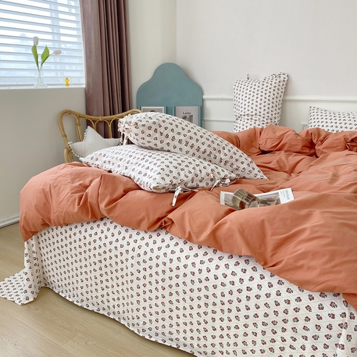 91家纺网 家纺一手货源 找家纺 总 一米阳光 新款蝴蝶结色织水洗棉小碎花撞色四件套-情怀系列