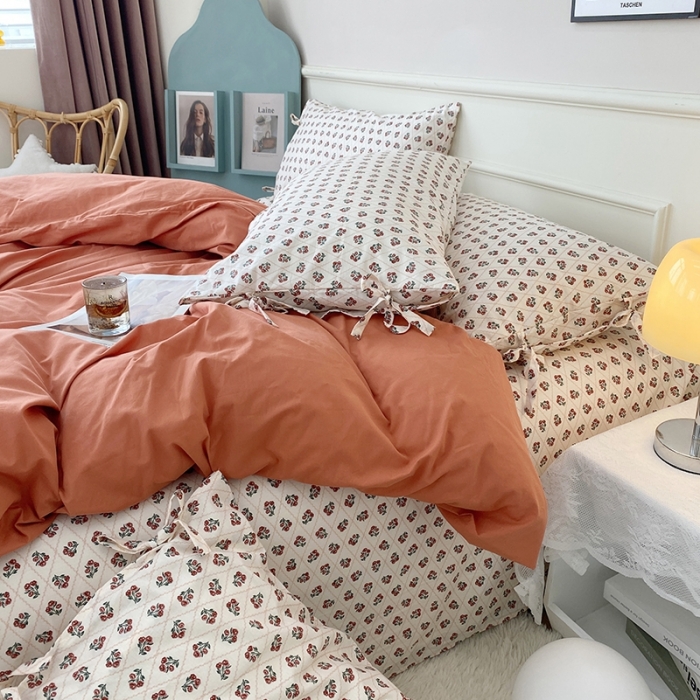 91家纺网 家纺一手货源 找家纺 总 一米阳光 新款蝴蝶结色织水洗棉小碎花撞色四件套-情怀系列