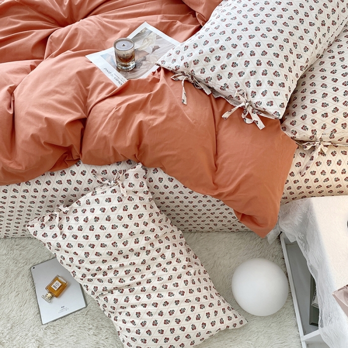 91家纺网 家纺一手货源 找家纺 一米阳光 新款蝴蝶结色织水洗棉小碎花撞色四件套-情怀系列 爱马仕橙