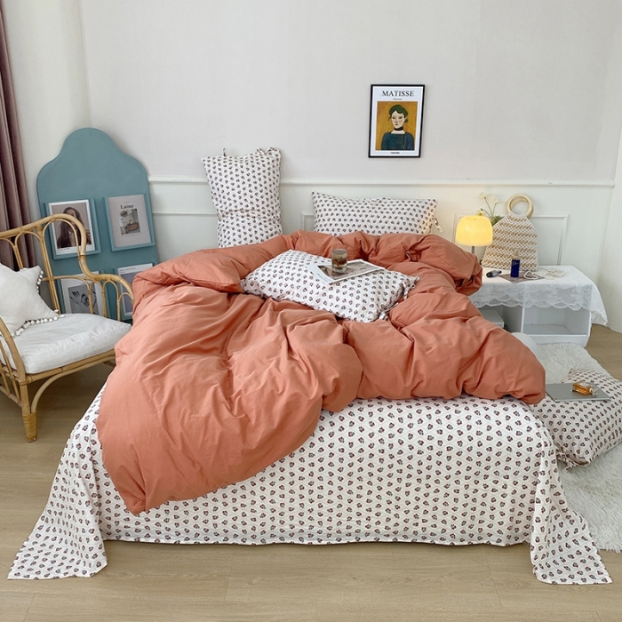 91家纺网 家纺一手货源 找家纺 一米阳光 新款蝴蝶结色织水洗棉小碎花撞色四件套-情怀系列 爱马仕橙