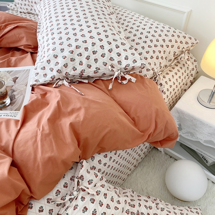 91家纺网 家纺一手货源 找家纺 一米阳光 新款蝴蝶结色织水洗棉小碎花撞色四件套-情怀系列 爱马仕橙