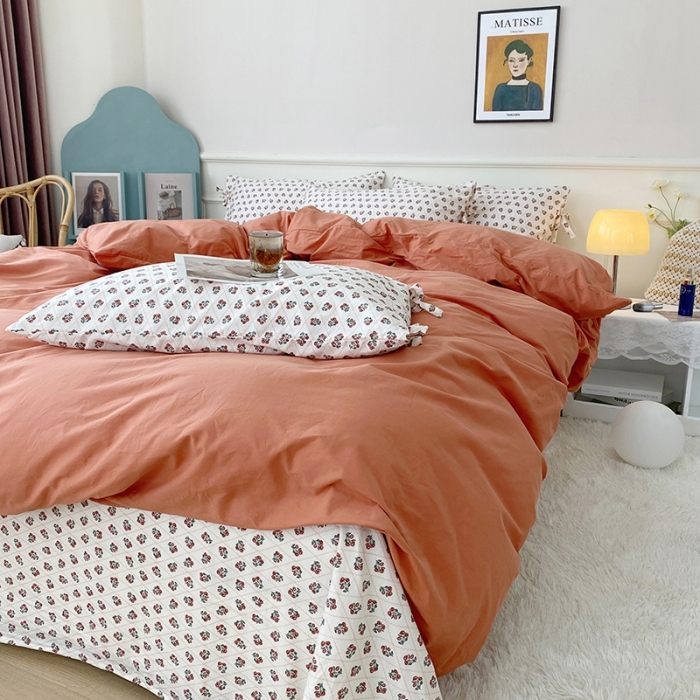 91家纺网 家纺一手货源 找家纺 一米阳光 新款蝴蝶结色织水洗棉小碎花撞色四件套-情怀系列 爱马仕橙