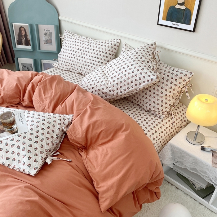 91家纺网 家纺一手货源 找家纺 一米阳光 新款蝴蝶结色织水洗棉小碎花撞色四件套-情怀系列 爱马仕橙