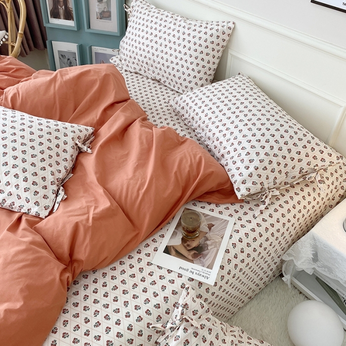 91家纺网 家纺一手货源 找家纺 一米阳光 新款蝴蝶结色织水洗棉小碎花撞色四件套-情怀系列 爱马仕橙