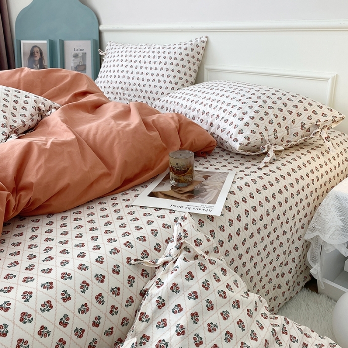 91家纺网 家纺一手货源 找家纺 一米阳光 新款蝴蝶结色织水洗棉小碎花撞色四件套-情怀系列 爱马仕橙