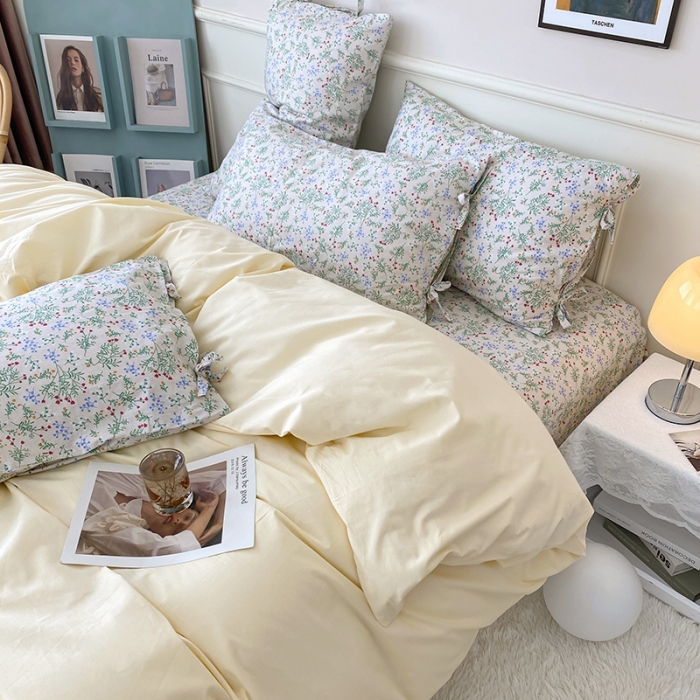 91家纺网 家纺一手货源 找家纺 一米阳光 新款蝴蝶结色织水洗棉小碎花撞色四件套-情怀系列 淡奶油