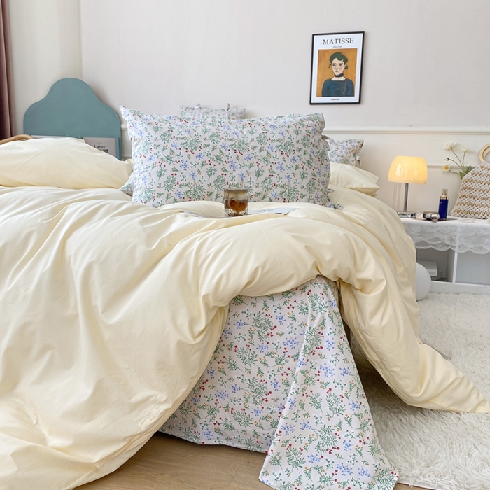 91家纺网 家纺一手货源 找家纺 一米阳光 新款蝴蝶结色织水洗棉小碎花撞色四件套-情怀系列 淡奶油