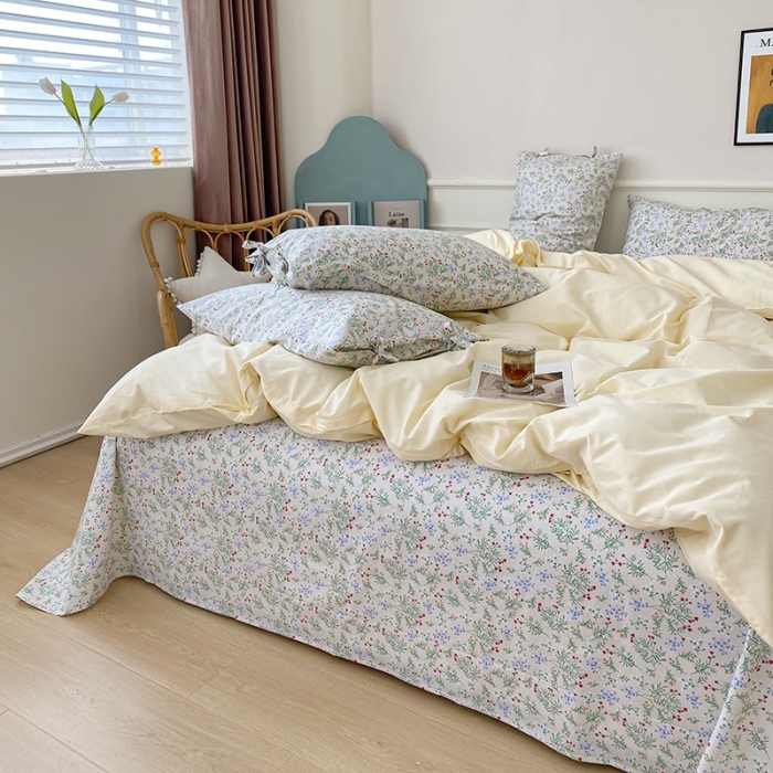 91家纺网 家纺一手货源 找家纺 一米阳光 新款蝴蝶结色织水洗棉小碎花撞色四件套-情怀系列 淡奶油