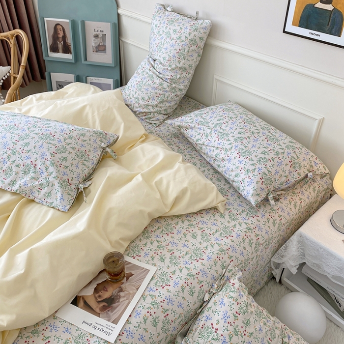 91家纺网 家纺一手货源 找家纺 一米阳光 新款蝴蝶结色织水洗棉小碎花撞色四件套-情怀系列 淡奶油