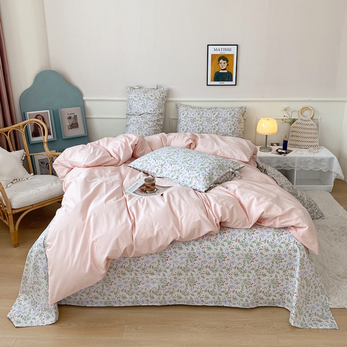 91家纺网 家纺一手货源 找家纺 一米阳光 新款蝴蝶结色织水洗棉小碎花撞色四件套-情怀系列 淡雅粉