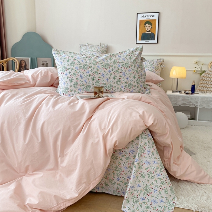 91家纺网 家纺一手货源 找家纺 一米阳光 新款蝴蝶结色织水洗棉小碎花撞色四件套-情怀系列 淡雅粉