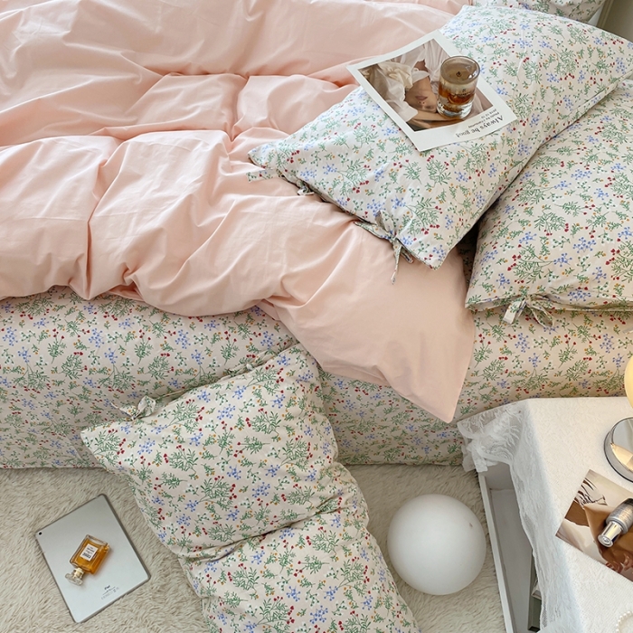 91家纺网 家纺一手货源 找家纺 一米阳光 新款蝴蝶结色织水洗棉小碎花撞色四件套-情怀系列 淡雅粉