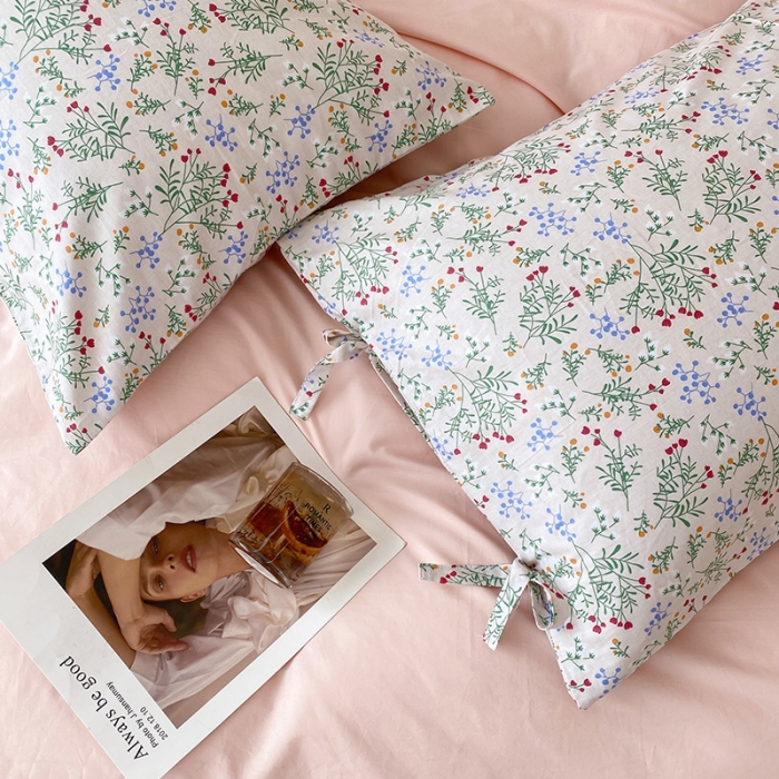 91家纺网 家纺一手货源 找家纺 一米阳光 新款蝴蝶结色织水洗棉小碎花撞色四件套-情怀系列 淡雅粉