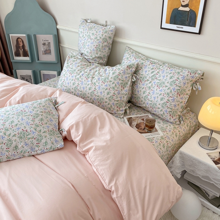 91家纺网 家纺一手货源 找家纺 一米阳光 新款蝴蝶结色织水洗棉小碎花撞色四件套-情怀系列 淡雅粉