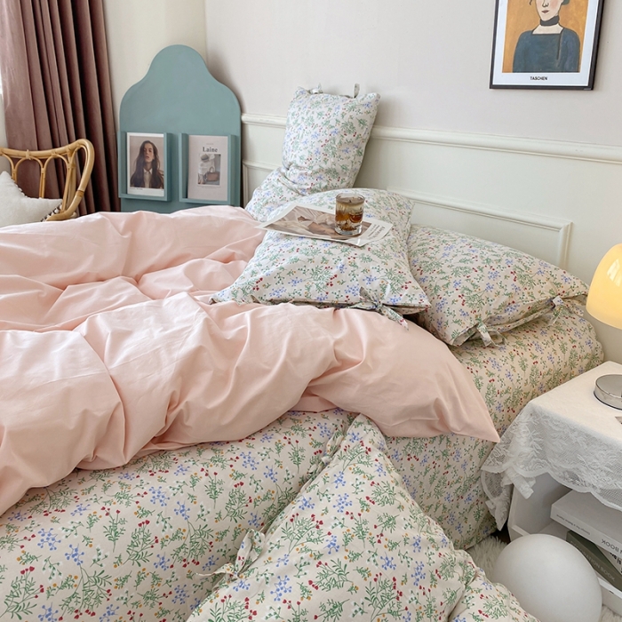 91家纺网 家纺一手货源 找家纺 一米阳光 新款蝴蝶结色织水洗棉小碎花撞色四件套-情怀系列 淡雅粉