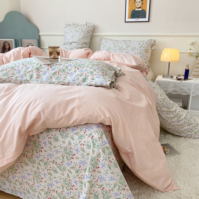 91家纺网 家纺一手货源 找家纺 一米阳光 新款蝴蝶结色织水洗棉小碎花撞色四件套-情怀系列 淡雅粉