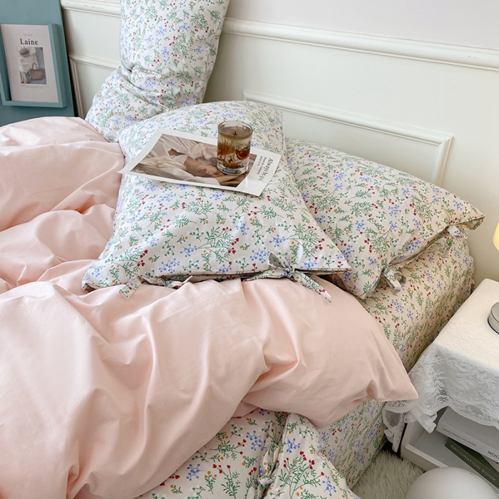 91家纺网 家纺一手货源 找家纺 一米阳光 新款蝴蝶结色织水洗棉小碎花撞色四件套-情怀系列 淡雅粉