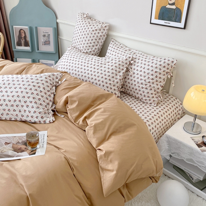 91家纺网 家纺一手货源 找家纺 一米阳光 新款蝴蝶结色织水洗棉小碎花撞色四件套-情怀系列 迪拜金