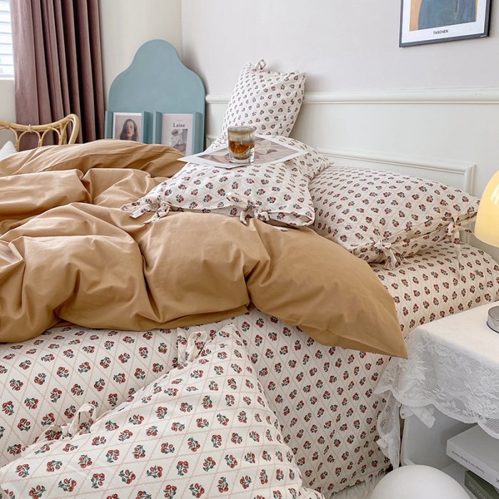 91家纺网 家纺一手货源 找家纺 一米阳光 新款蝴蝶结色织水洗棉小碎花撞色四件套-情怀系列 迪拜金