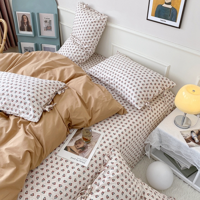 91家纺网 家纺一手货源 找家纺 一米阳光 新款蝴蝶结色织水洗棉小碎花撞色四件套-情怀系列 迪拜金