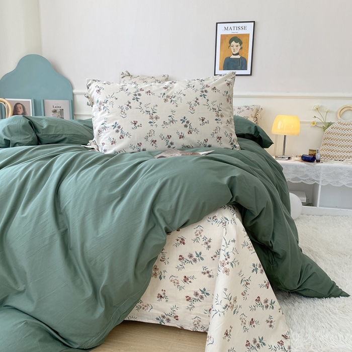 91家纺网 家纺一手货源 找家纺 一米阳光 新款蝴蝶结色织水洗棉小碎花撞色四件套-情怀系列 典雅绿