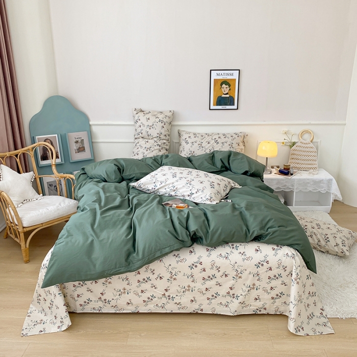 91家纺网 家纺一手货源 找家纺 一米阳光 新款蝴蝶结色织水洗棉小碎花撞色四件套-情怀系列 典雅绿