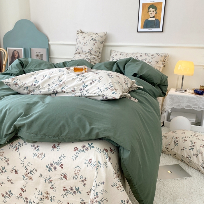 91家纺网 家纺一手货源 找家纺 一米阳光 新款蝴蝶结色织水洗棉小碎花撞色四件套-情怀系列 典雅绿