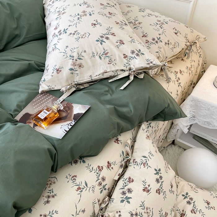 91家纺网 家纺一手货源 找家纺 一米阳光 新款蝴蝶结色织水洗棉小碎花撞色四件套-情怀系列 典雅绿