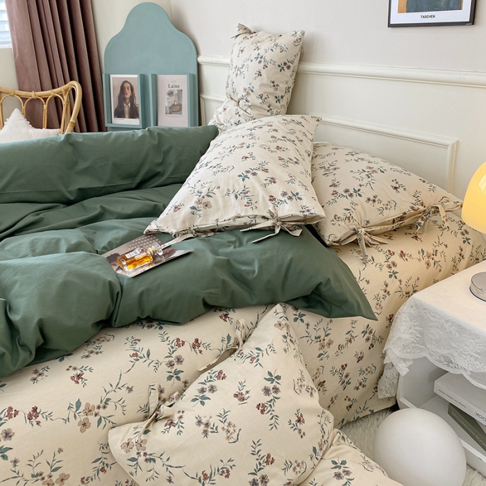 91家纺网 家纺一手货源 找家纺 一米阳光 新款蝴蝶结色织水洗棉小碎花撞色四件套-情怀系列 典雅绿