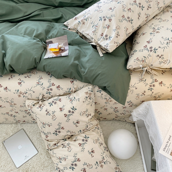 91家纺网 家纺一手货源 找家纺 一米阳光 新款蝴蝶结色织水洗棉小碎花撞色四件套-情怀系列 典雅绿