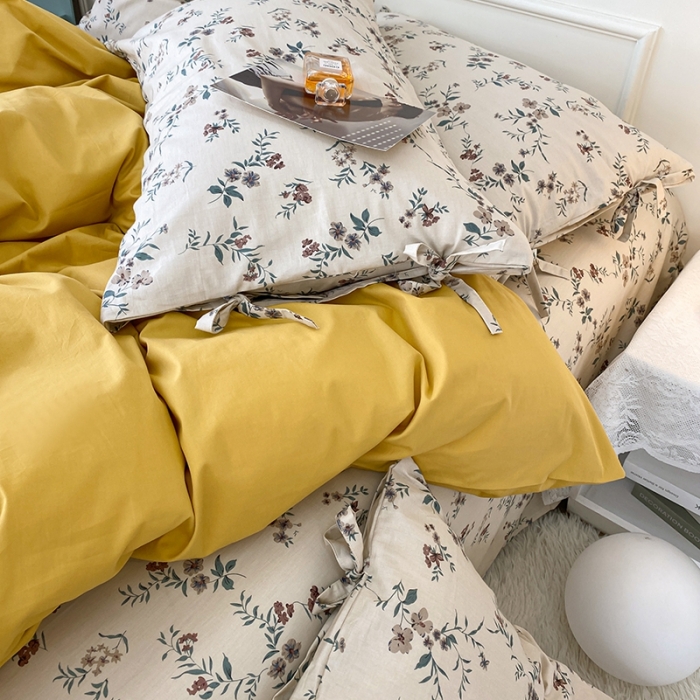 91家纺网 家纺一手货源 找家纺 一米阳光 新款蝴蝶结色织水洗棉小碎花撞色四件套-情怀系列 姜黄