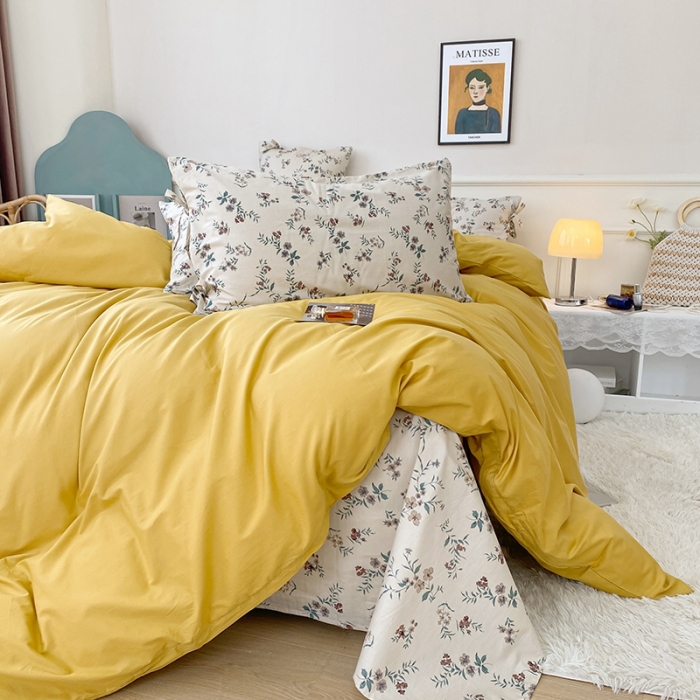 91家纺网 家纺一手货源 找家纺 一米阳光 新款蝴蝶结色织水洗棉小碎花撞色四件套-情怀系列 姜黄