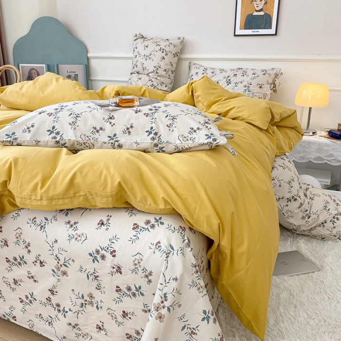 91家纺网 家纺一手货源 找家纺 一米阳光 新款蝴蝶结色织水洗棉小碎花撞色四件套-情怀系列 姜黄