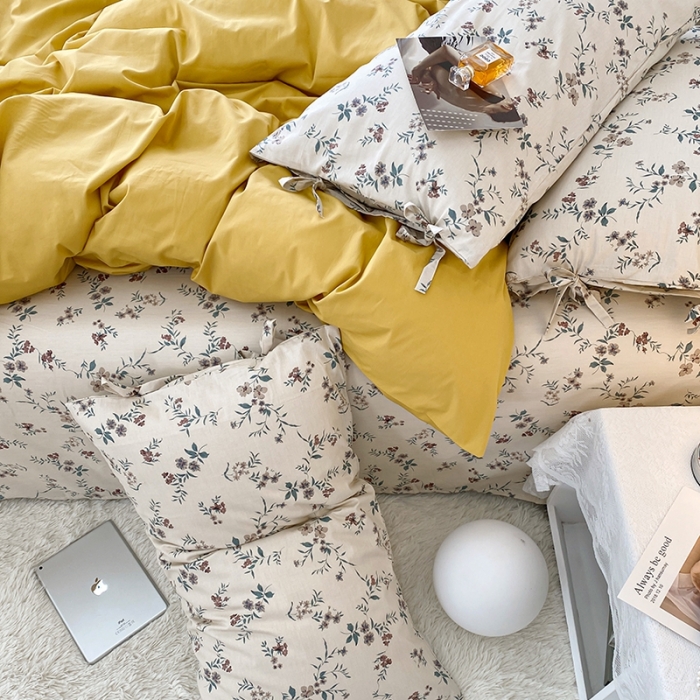 91家纺网 家纺一手货源 找家纺 一米阳光 新款蝴蝶结色织水洗棉小碎花撞色四件套-情怀系列 姜黄