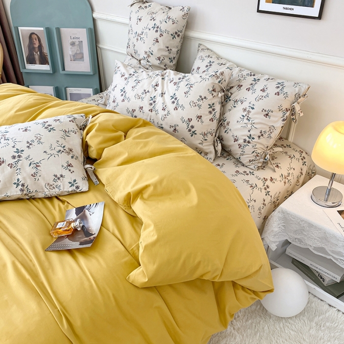 91家纺网 家纺一手货源 找家纺 一米阳光 新款蝴蝶结色织水洗棉小碎花撞色四件套-情怀系列 姜黄