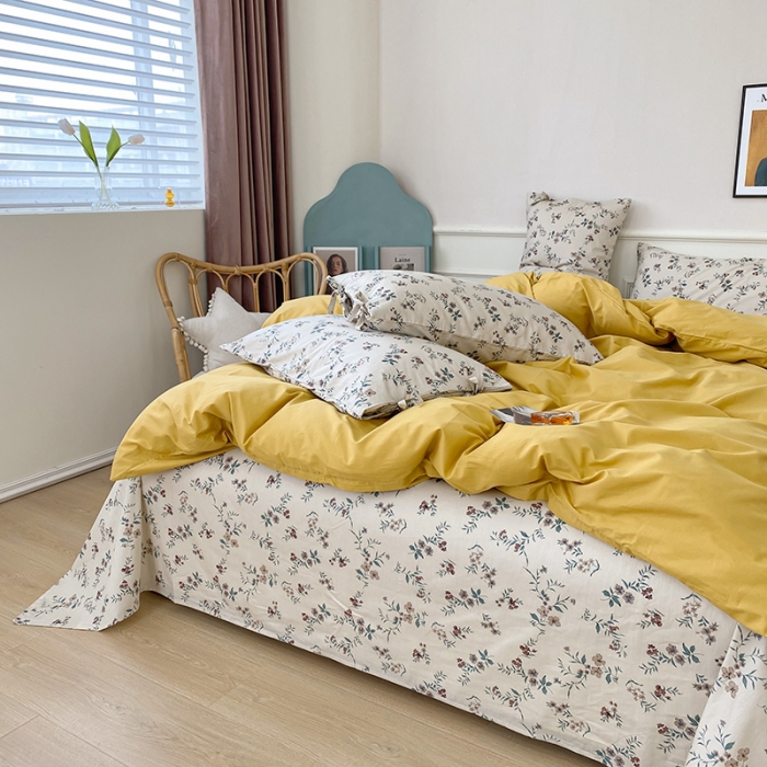 91家纺网 家纺一手货源 找家纺 一米阳光 新款蝴蝶结色织水洗棉小碎花撞色四件套-情怀系列 姜黄