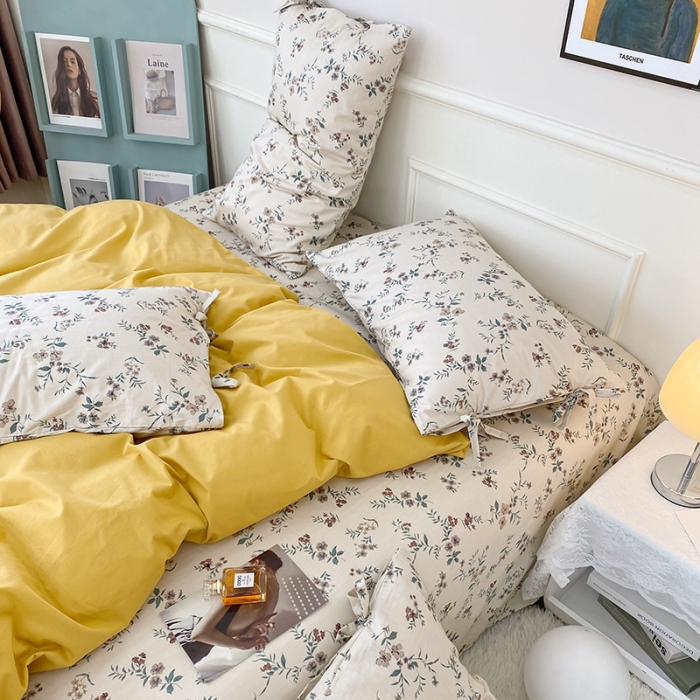 91家纺网 家纺一手货源 找家纺 一米阳光 新款蝴蝶结色织水洗棉小碎花撞色四件套-情怀系列 姜黄