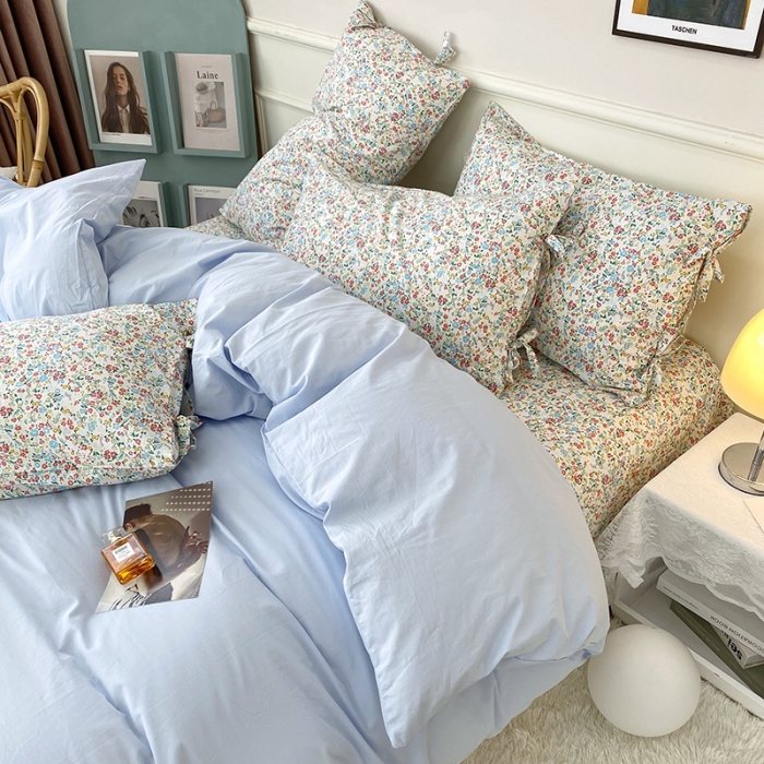 91家纺网 家纺一手货源 找家纺 一米阳光 新款蝴蝶结色织水洗棉小碎花撞色四件套-情怀系列 清澈蓝