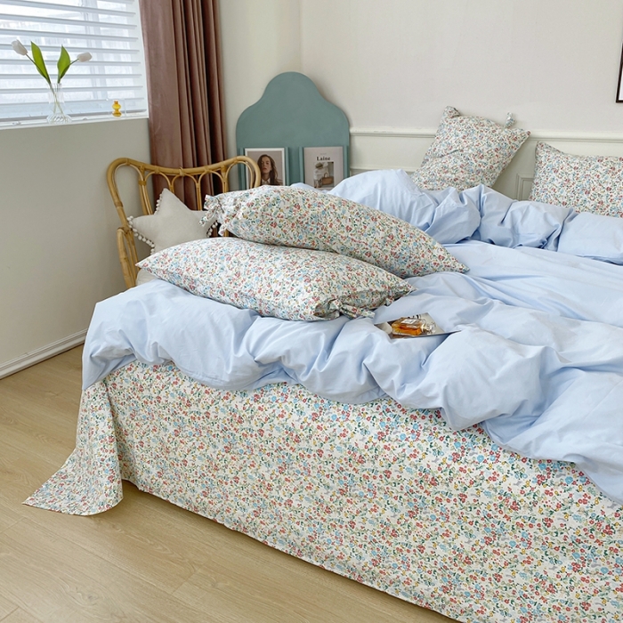 91家纺网 家纺一手货源 找家纺 一米阳光 新款蝴蝶结色织水洗棉小碎花撞色四件套-情怀系列 清澈蓝