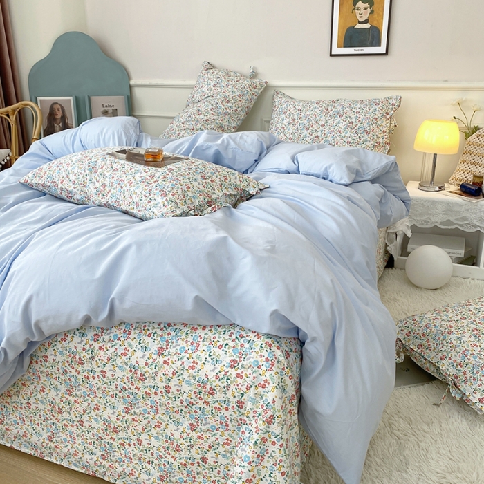 91家纺网 家纺一手货源 找家纺 一米阳光 新款蝴蝶结色织水洗棉小碎花撞色四件套-情怀系列 清澈蓝