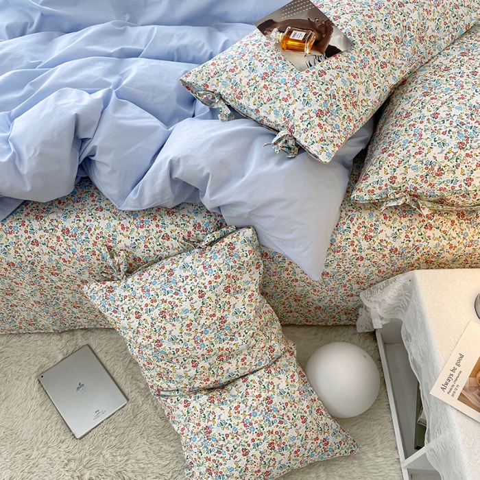 91家纺网 家纺一手货源 找家纺 一米阳光 新款蝴蝶结色织水洗棉小碎花撞色四件套-情怀系列 清澈蓝